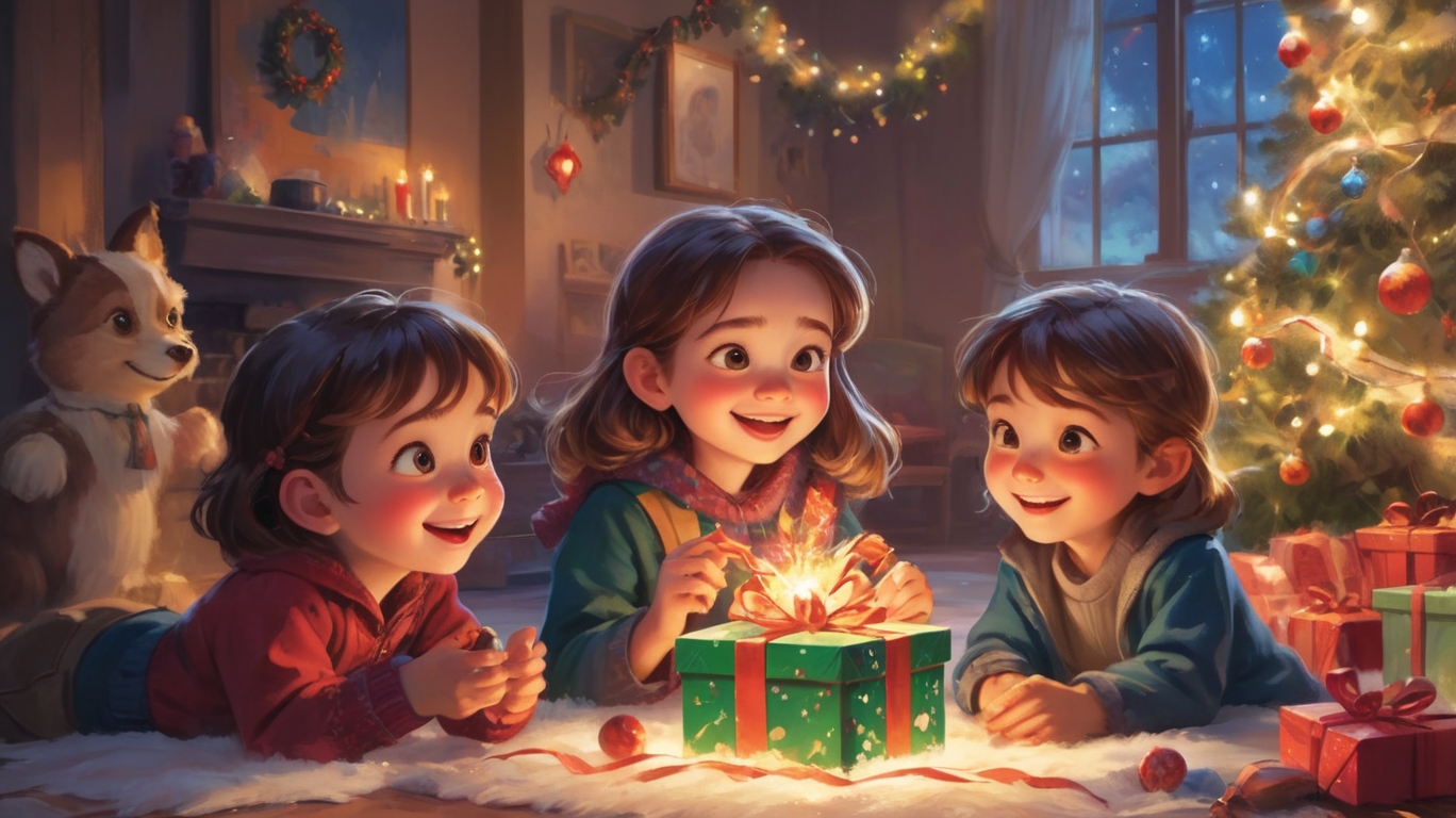 Young children opening gifts.